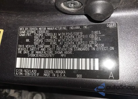 2013 Toyota Highlander Limited V6 z USA, uszkodzony, nr VIN 5TDDK3EH6DS207877